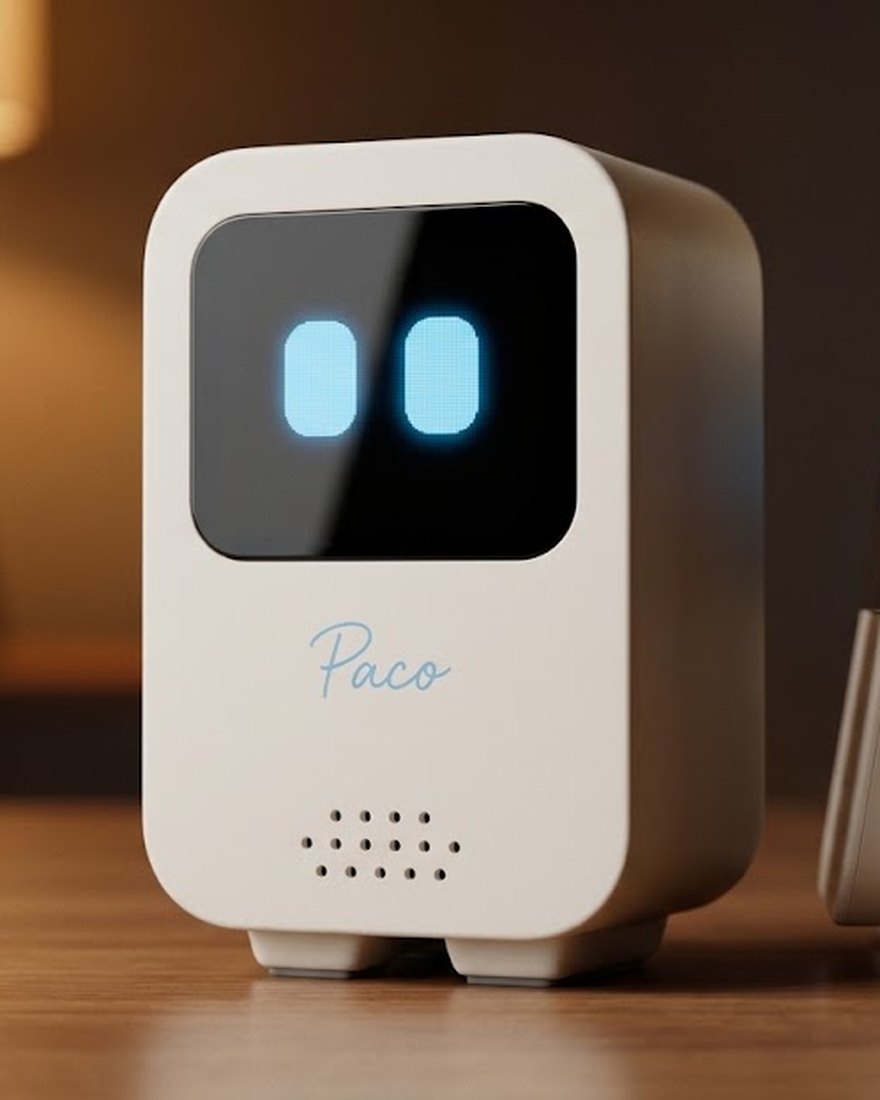 Paco de cerca: cuerpo blanco con pantalla negra y ojos azules,
                    y su nombre manuscrito bajo la pantalla.